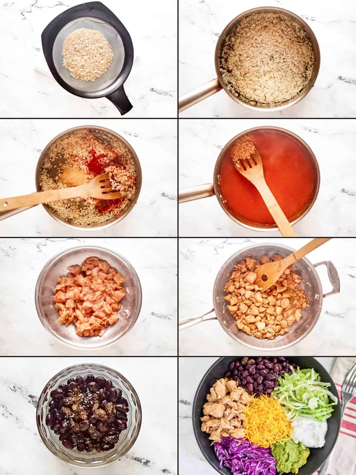 Making a Mexican seasoned chicken rice bowl.
