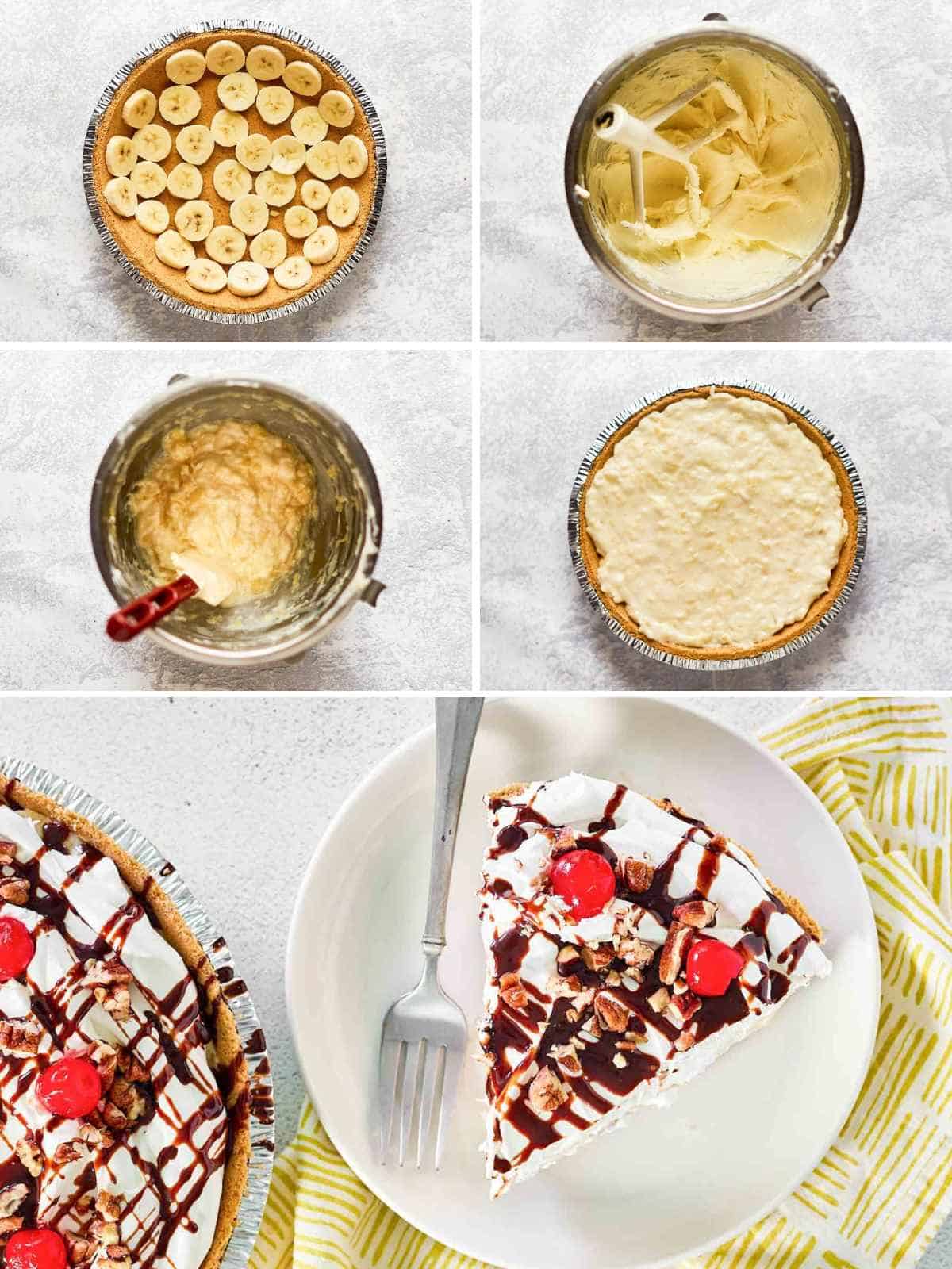 Making pie with banana, pineapple, cherries, pecans, fudge, and whipped cream.