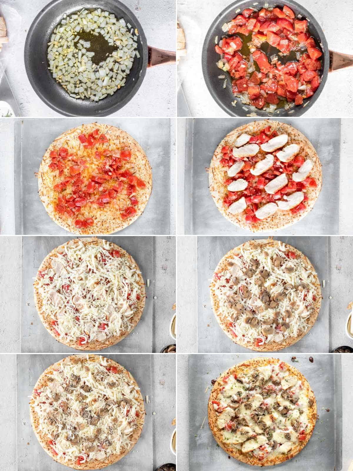 Make a three cheese, chicken, and mushroom pizza.