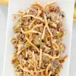 Creamy American chop suey with beef, rice, and crunchy noodles.