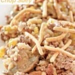 Creamy American chop suey with ground beef, rice, and chow mein noodles.