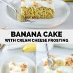 Servings of banana cake with cream cheese frosting on plates.