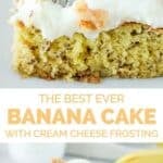 Slices of banana cake with cream cheese frosting.