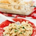 Cheesy tuna noodle casserole on a small plate and in a baking dish.