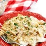 Cheesy tuna noodle casserole serving on a small plate.