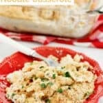 Cheesy tuna noodle casserole served.