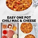 Chili mac and cheese served in bowls and the ingredients to make it.