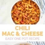 Hearty chili mac and cheese served in bowls.