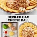 Deviled ham cheese ball with crackers and the ingredients to make it.