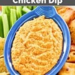 Copycat Hooters Buffalo chicken dip on a platter with celery and tortilla chips.
