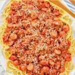 Spaghetti with hot dog tomato sauce.