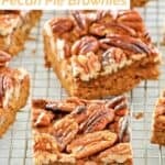 Homemade pecan pie brownies on a wire rack.