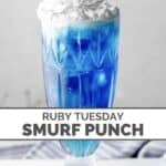 Copycat Ruby Tuesday Smurf Punch topped with whipped cream and a cherry.