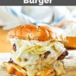 Copycat Smashburger French onion burger with Swiss cheese, Boursin cheese and sauteed onions.