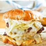 Copycat Smashburger French onion burger with Swiss and Boursin cheese.