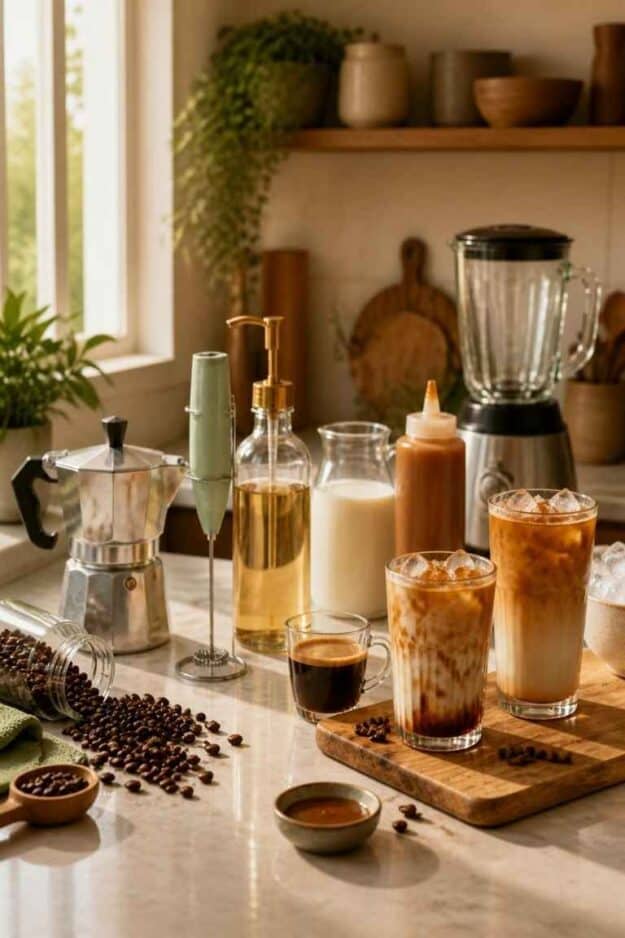 The six items needed to make Starbucks drinks at home: a moka pot, milk frother, blender, vanilla syrup, caramel sauce and ice