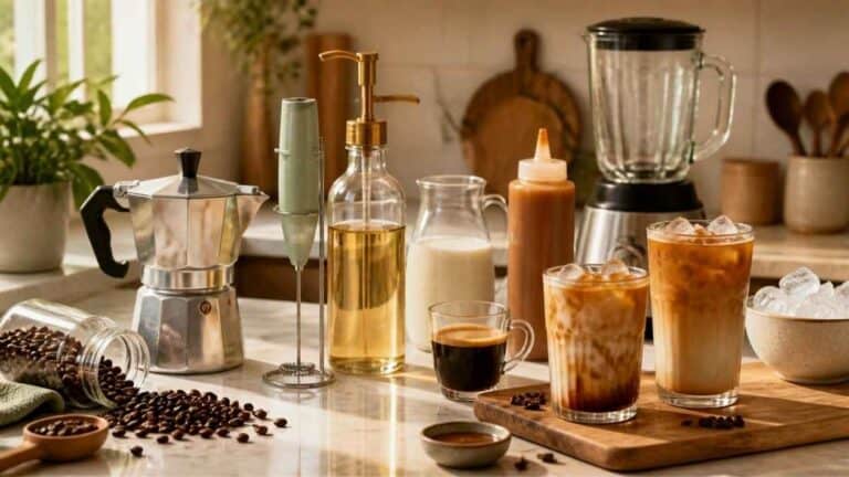 a counter with a moka pot, vanilla syrup, and various coffee drinks