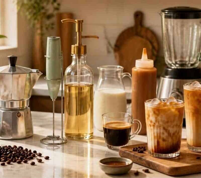 a counter with a moka pot, vanilla syrup, and various coffee drinks