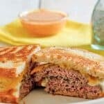 Copycat Steak 'n Shake Frisco melt sandwich cut in half.