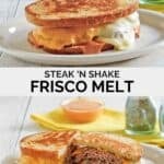 Copycat Steak 'n Shake Frisco melt sandwiches served whole and cut in half.