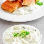 Homemade tartar sauce in a small glass bowl.