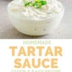 Homemade tartar sauce in a small bowl and served with fish sticks.