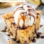 A slice of Toll House pie with ice cream and chocolate syrup on top.
