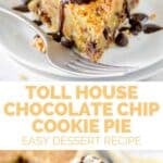 Toll House chocolate chip cookie pie topped with ice cream and chocolate syrup.