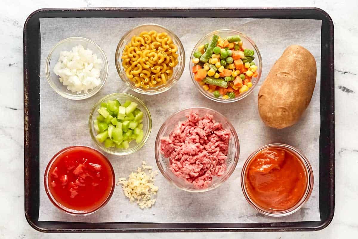 Ground beef, pasta, potatoes, vegetables, broth, seasonings.