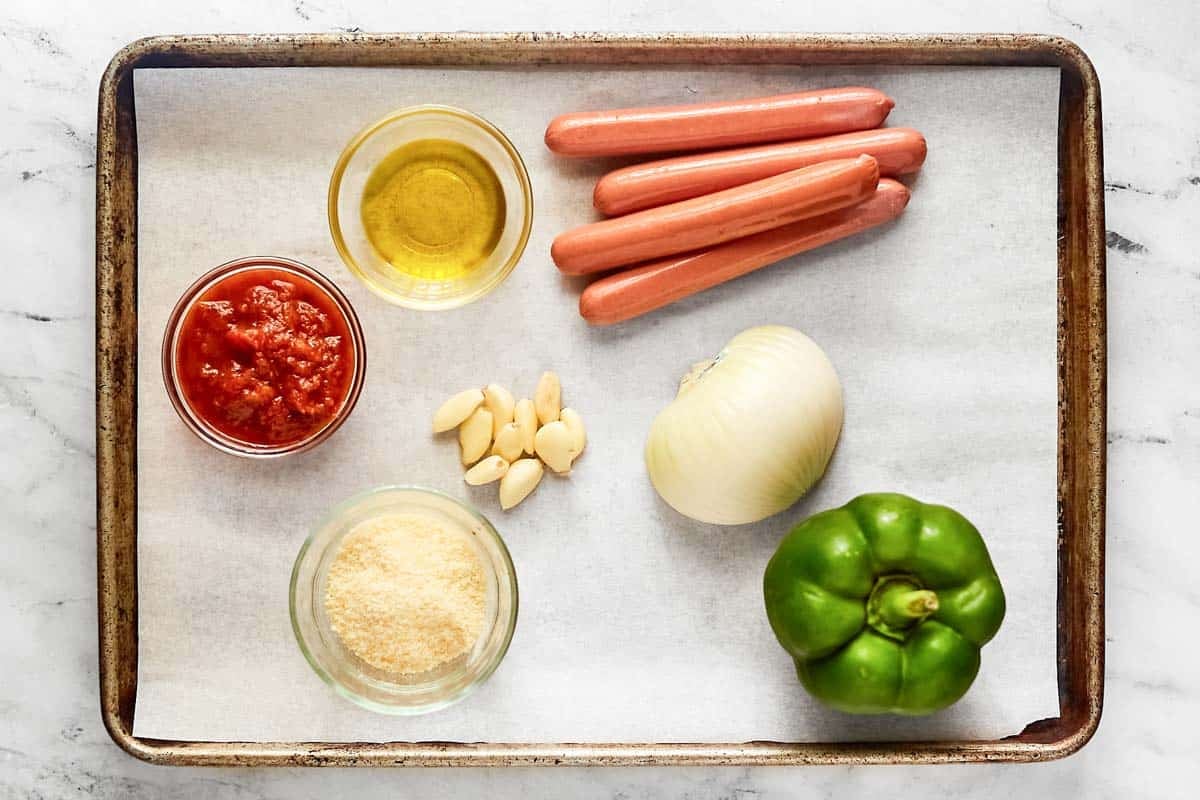 Hot dogs, spaghetti sauce, onion, bell pepper, and garlic.