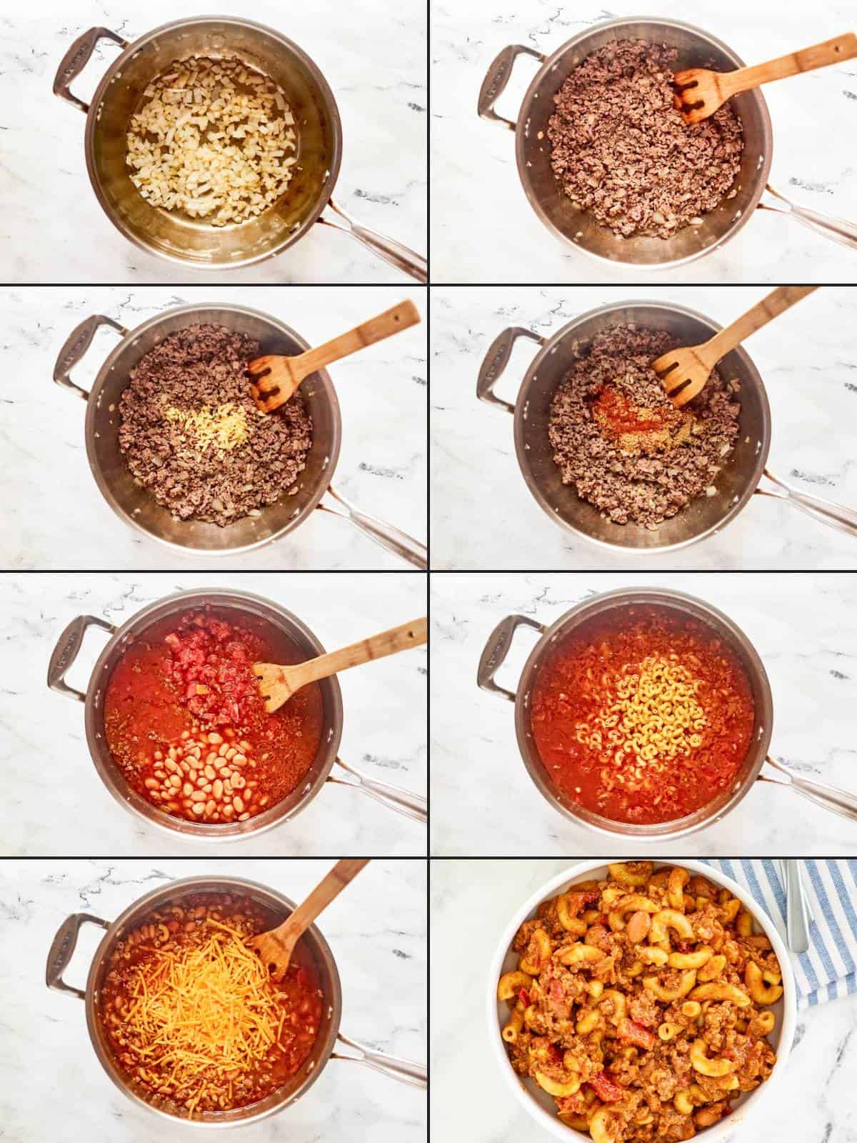 Making chili cheese macaroni in a large pot.