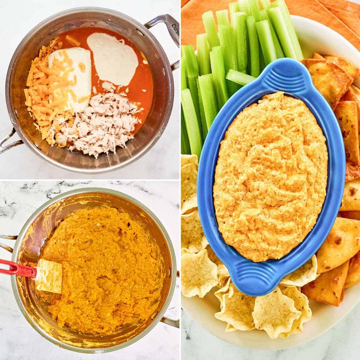 Making creamy cheesy chicken dip with Buffalo sauce.