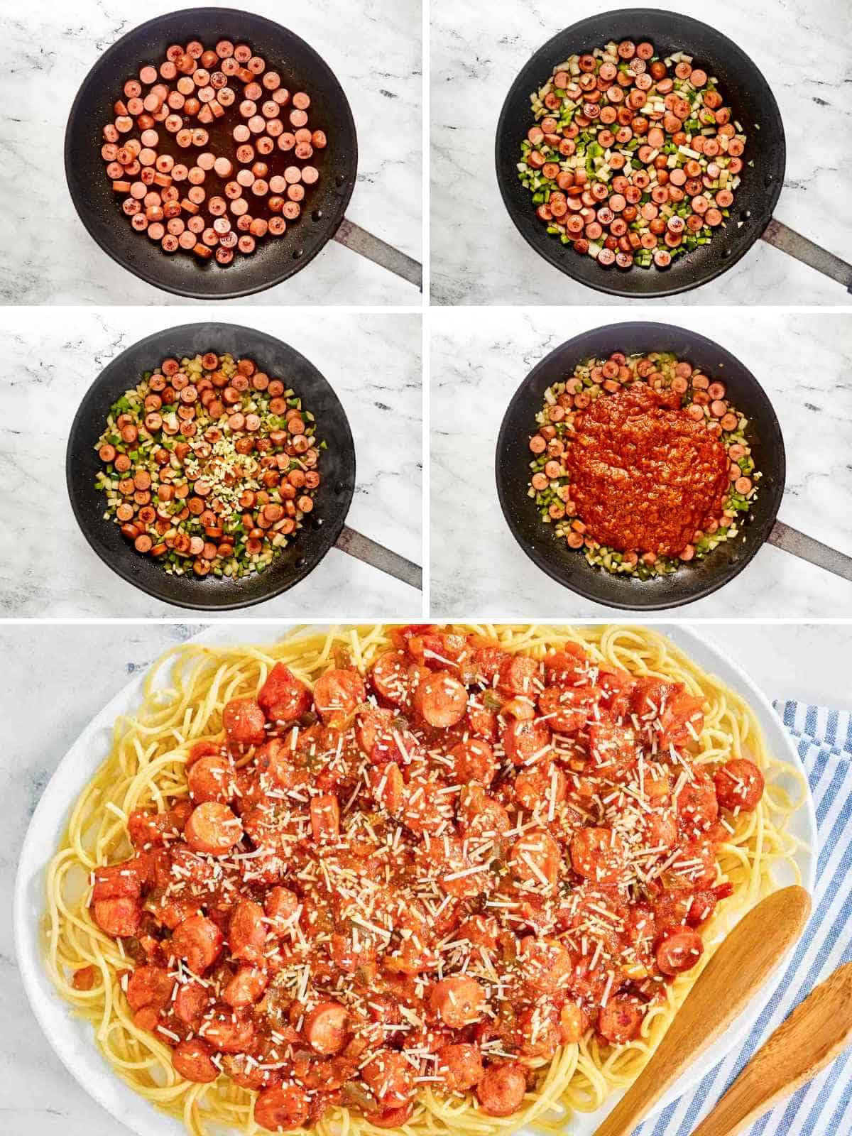 Making spaghetti with hot dog tomato sauce.