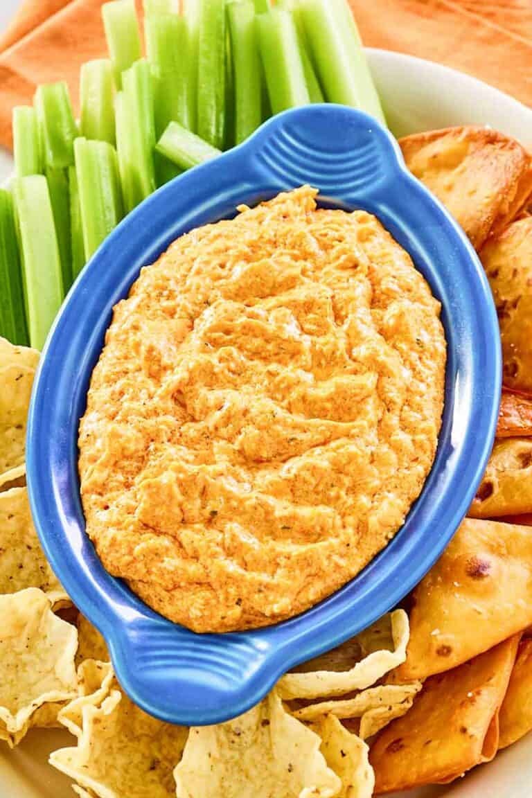 Warm creamy chicken dip with Buffalo sauce.