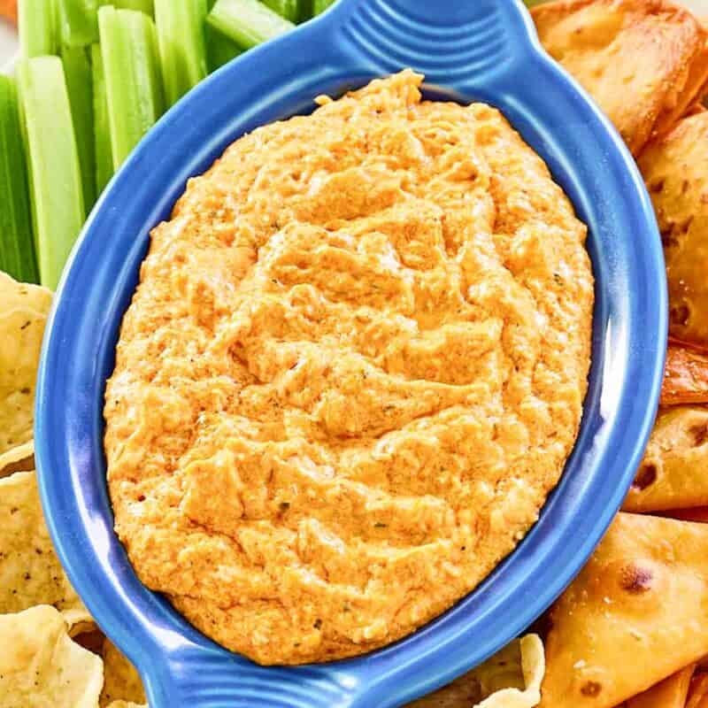 Warm creamy chicken dip with Buffalo sauce.