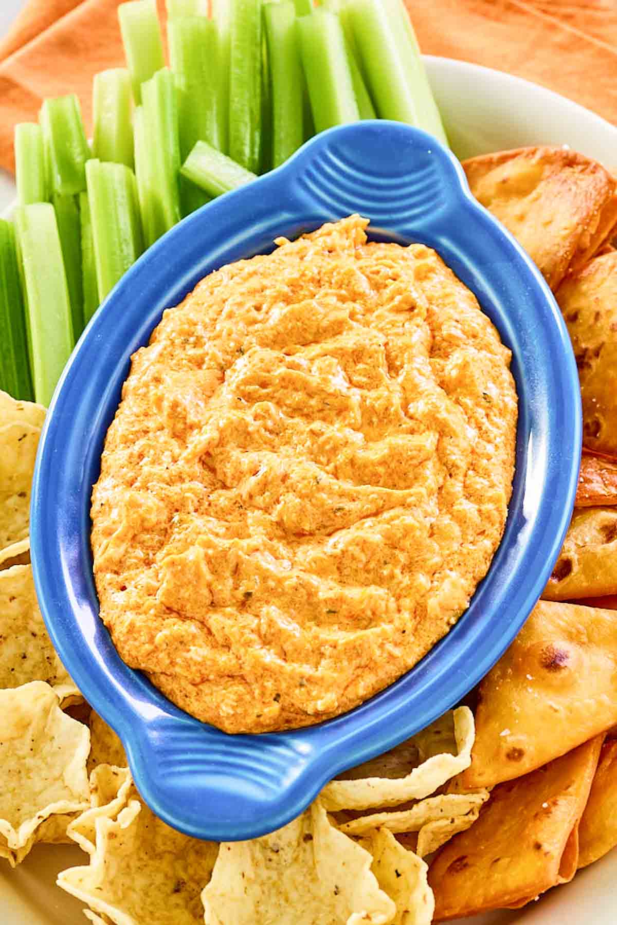 Warm creamy chicken dip with Buffalo sauce.