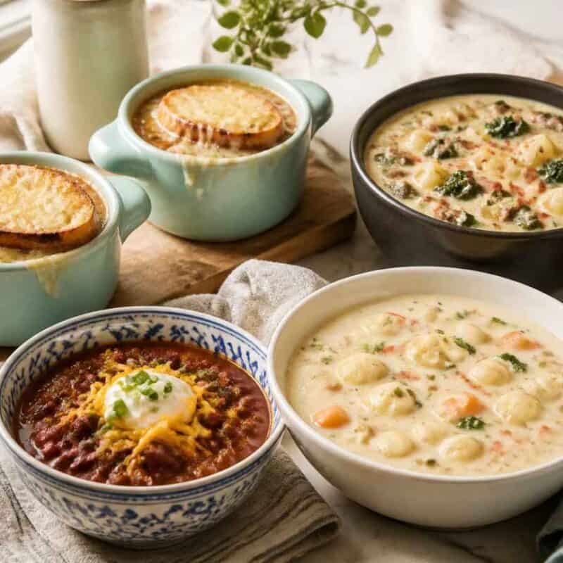bowls of french onion soup, olive garden gnocchi soup and more