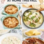 A collage of four bowls of restaurant-style soup and chili, including creamy soups and hearty chili, served ready to enjoy at home.