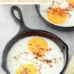 Oven baked eggs in small iron skillets.