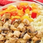 Copycat Benihana hibachi chicken served with rice and veggies.