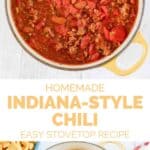 Homemade Indiana-style chili in a large Dutch oven.