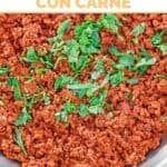 A skillet of copycat La Cocina chili Colorado con carne.