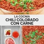 Copycat La Cocina chili Colorado con carne and the ingredients to make it.