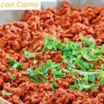 Copycat La Cocina chili Colorado con carne in a large skillet.
