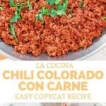 Copycat La Cocina chili Colorado con carne in a skillet.