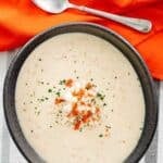 Homemade Charleston she crab soup garnished with crab and roe.