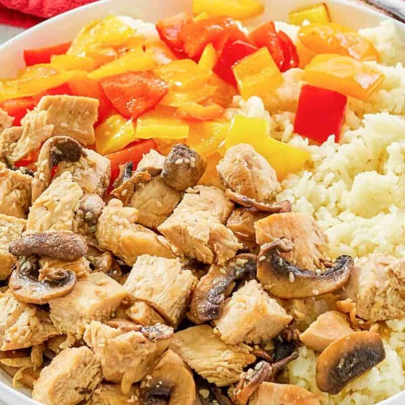Chicken, rice, and veggie hibachi-style meal.