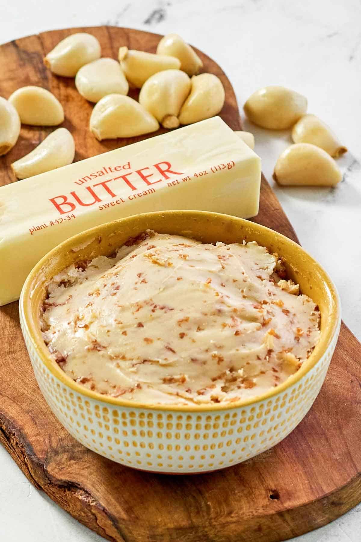 Hibachi-style garlic soy butter, a stick of butter, and garlic cloves.
