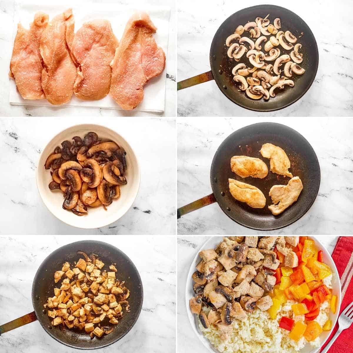 Making hibachi-style chicken and mushrooms.