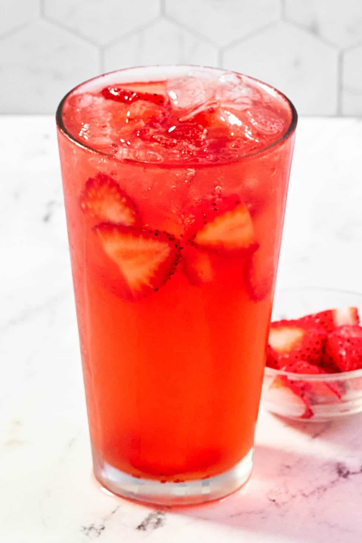 Watermelon, strawberries, and lemonade drink.